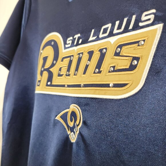 Vintage St. Louis Rams shirt Women's 2XL Blue NFL Bling mesh V-neck embroidered. - Picture 9 of 16